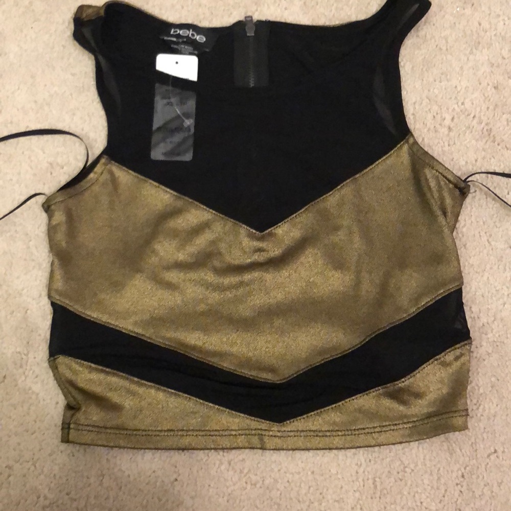 Bebe gold metallic black mesh crop top